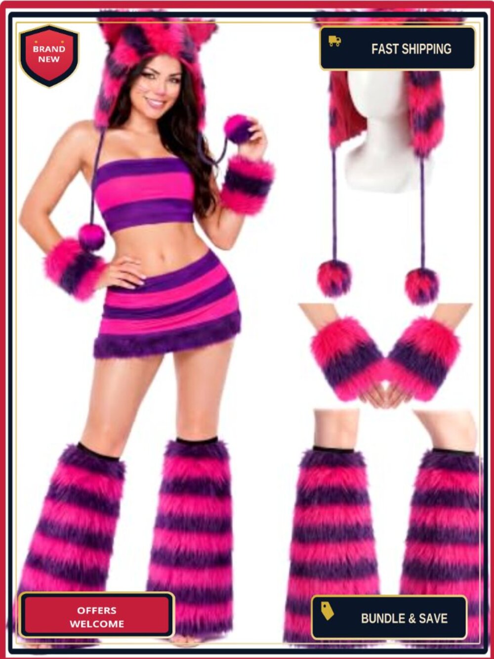 5 Pc Cat Costume Set Faux Fur Hat Leg Warmers Wrist Cuffs Halloween Cosplay